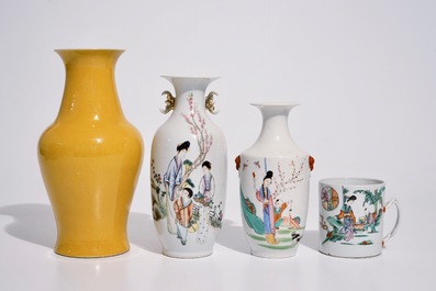 A varied lot of Chinese famille rose, verte and monochrome porcelain, 19/20th C.