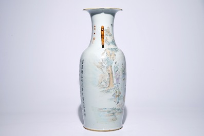 A tall Chinese qianjiang cai calligraphy vase with calligraphy, 19/20th C.