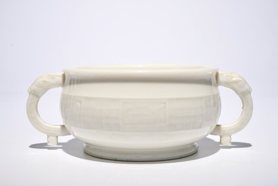 A round Chinese Dehua blanc de Chine censer with moulded and underglaze decoration, 19th C.