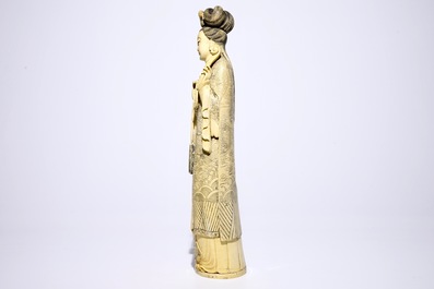 A tall Chinese carved ivory figure of Guanyin, 19th C.