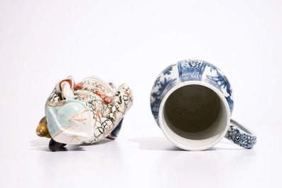 A blue and white Arita jug and a plate, 17/18th C., with an Imari figure, 18/19th C.