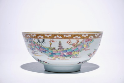 Three Chinese famille rose &ldquo;Tobacco Leaf&rdquo; saucer plates and a famille rose bowl, Yongzheng/Qianlong