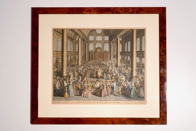 Bernard Picart, &quot;Inauguration of the Portuguese Synagogue in Amsterdam&quot;, hand-colored copper engraving, 1724-1737