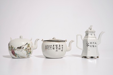 Two Chinese qianjiang cai teapots and a wine jug, 19/20th C.