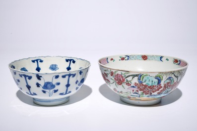 A Chinese famille rose landscape bowl, Yongzheng, and a blue and white bowl, Kangxi