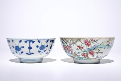 A Chinese famille rose landscape bowl, Yongzheng, and a blue and white bowl, Kangxi