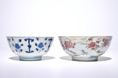 A Chinese famille rose landscape bowl, Yongzheng, and a blue and white bowl, Kangxi