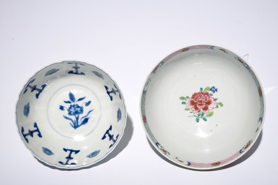 A Chinese famille rose landscape bowl, Yongzheng, and a blue and white bowl, Kangxi