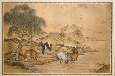 Een paar Chinese schilderijen op zijde met decor van &ldquo;De acht paarden van Mu Wang&rdquo;, 19/20e
