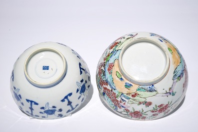 Un bol en porcelaine de Chine famille rose, Yongzheng, et un bol en bleu et blanc, Kangxi