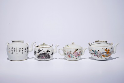 Four Chinese famille rose teapots and covers, 19/20th C.