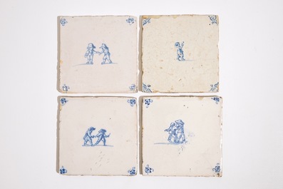 Eight Dutch Delft blue and white tiles with soldiers and children's games, 17/18th C.