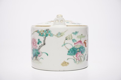 A Chinese famille rose plaque, a dish and a teapot and cover, 19th C.