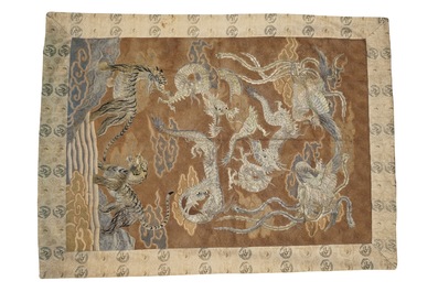 A Japanese embroidered silk wall hanging panel with tigers, dragons and phoenixes, Edo/Meiji, 19th C.