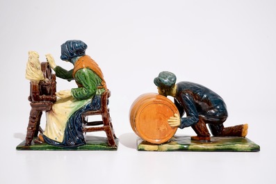 Two Flemish pottery figures of a lace maker and a barrel pusher, prob. Laigneil workshop, 20th C.