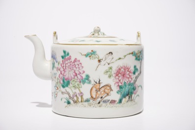 A Chinese famille rose plaque, a dish and a teapot and cover, 19th C.