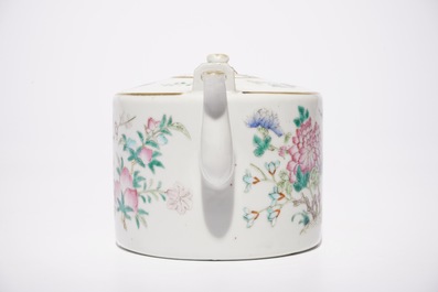 A Chinese famille rose plaque, a dish and a teapot and cover, 19th C.