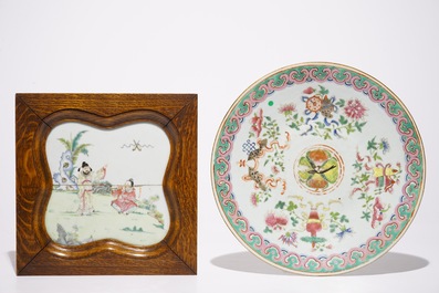 A Chinese famille rose plaque, a dish and a teapot and cover, 19th C.