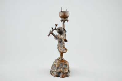 A Japanese bronze koro on foot and a figurative incense burner, Meiji/Taisho, 19/20th C.