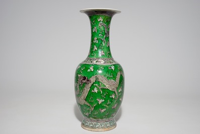 A Chinese green ground dragon vase, a small rouleau vase and a verte biscuit figure, 19th C.