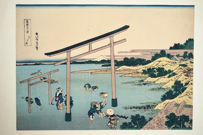 Elf Japanse woodblock prenten, o.a. Hokusai, 19/20e eeuw