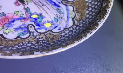 A fine Chinese famille rose and grisaille eggshell cup and saucer with a pheasant, Yongzheng