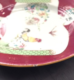 A pair of Chinese famille rose ruby ground rooster plates, Yongzheng