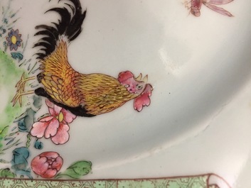 A pair of Chinese famille rose ruby ground rooster plates, Yongzheng