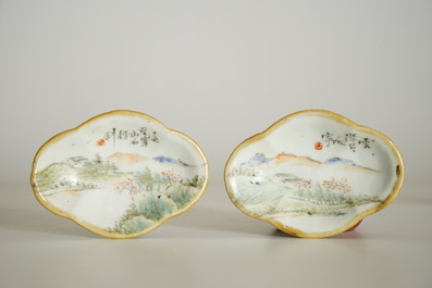 A Chinese qianjiang cai wine cup and two small oval trays, 19/20th C.