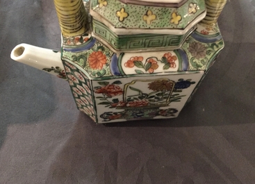 Two Chinese famille verte teapots and cover and an octagonal plate, Kangxi and later
