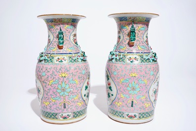 A pair of Chinese famille rose vases with birds, 19th C.