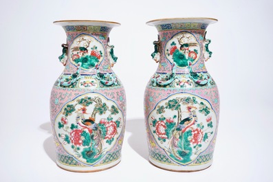 A pair of Chinese famille rose vases with birds, 19th C.