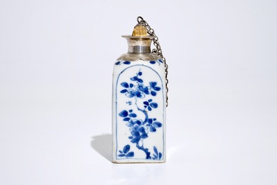 A square Chinese blue and white silver-mounted flask, Kangxi