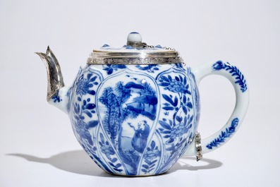 A Chinese blue and white silver-mounted teapot and cover, Kangxi