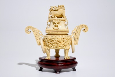 A Chinese carved ivory incense burner on stand, ca. 1900