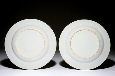 A pair of Chinese famille rose plates with a Dutch nobleman, Qianlong
