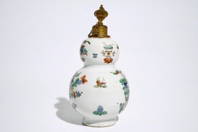 A Chinese famille verte gilt bronze-mounted double gourd vase, Kangxi
