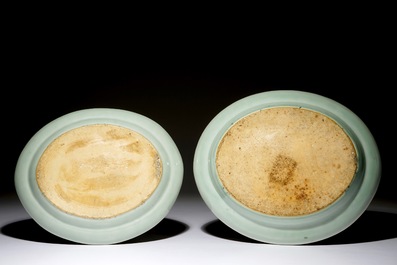 Two oval Chinese Canton famille rose on celadon-ground dishes, 19th C.