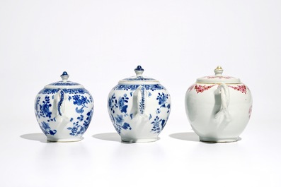 Three Chinese blue and white and famille rose teapots and covers, Qianlong