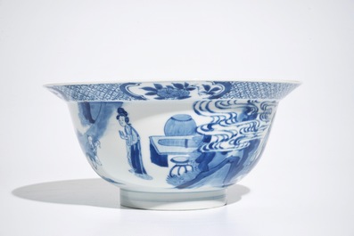 A Chinese blue and white klapmuts bowl with figural design, Xuande mark, Kangxi