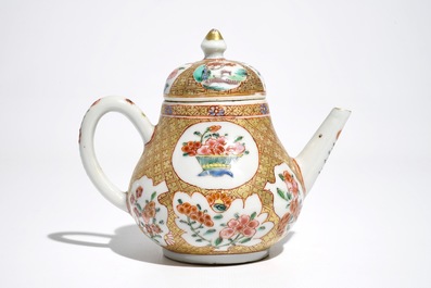 A Chinese famille rose teapot with floral and geometric design, Yongzheng