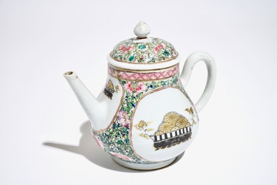 A Chinese famille rose teapot with grisaille and gilt medallions, Yongzheng
