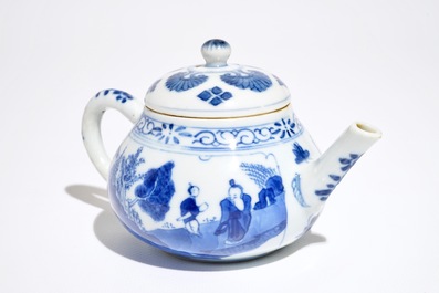 A Chinese blue and white teapot with figures in a landscape, Kangxi