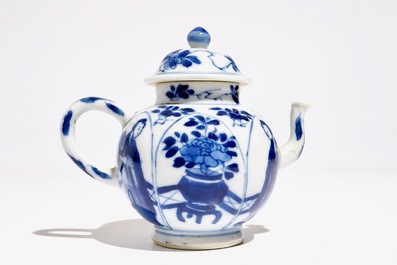 A Chinese blue and white Long Eliza teapot, Yu mark, Kangxi