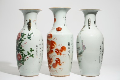 Three tall Chinese famille rose and iron-red vases, 19/20th C.