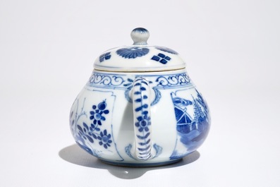 A Chinese blue and white teapot with figures in a landscape, Kangxi