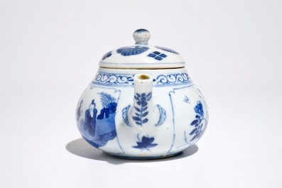 A Chinese blue and white teapot with figures in a landscape, Kangxi