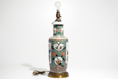 A bronze-mounted Chinese famille verte rouleau vase, transformed into a lamp, 19/20th C.
