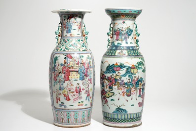 Two tall Chinese famille rose vases with court scenes, 19th C.