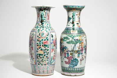 Two tall Chinese famille rose vases with court scenes, 19th C.